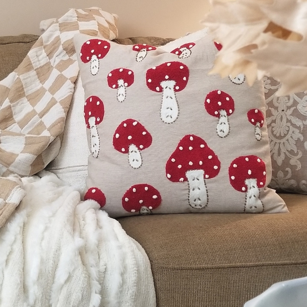 Pillowcase with hand stitched mushrooms